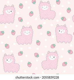 Cute alpaca with strawberry seamless pattern.(Kawaii animal): Pastel color kid food dessert bakery product fabulous fashion child decoration cafe shop, Invitation post, t-shirt