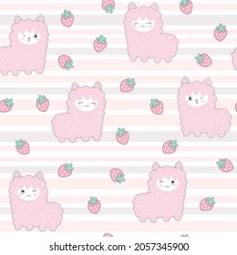 Cute alpaca with strawberry seamless pattern.(Kawaii animal): Pastel color kid food dessert bakery product fabulous fashion child decoration cafe shop, Invitation post, t-shirt