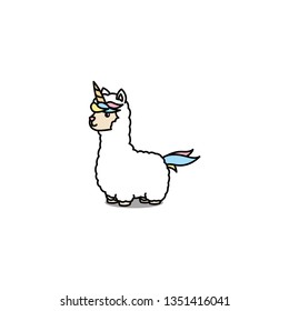 Cute alpaca unicorn cartoon, vector illustration