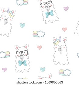 Cute alpaca unicorn seamless pattern. vector illustration