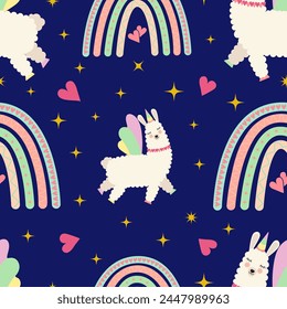 Cute alpaca unicorn vector seamless pattern. Llama with boho rainbow in the night sky repeat pattern textile design, wallpaper, background.