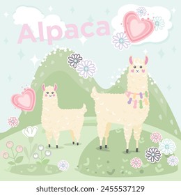 Linda Ilustración vectorial de alpaca. Linda alpaca de dibujos animados con corazones y flores.