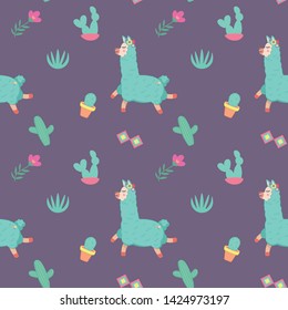 Cute alpaca vector print. Seamless pattern