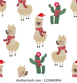 Cute Alpaca Wear Christmas Costume And Cactus Seamless Pattern. Animal In Holiday Cartoon Character Background.