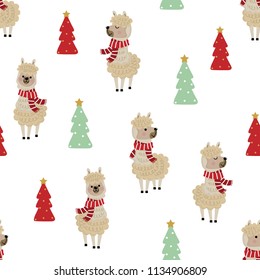 Cute Alpaca Wear Red Scarf And Christmas Tree Seamless Pattern. Animal Wildlife Holiday Cartoon Background.