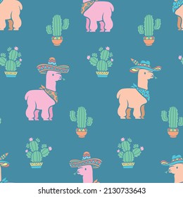 CUTE ALPACA IS WEARING A SOMBRERO AND SCARF WITH CATUS PLANT. FLAT SEAMLESS PATTERN.