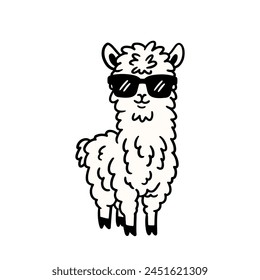 cute alpaca wearing sunglasses. Hand drawn vector illustration isolated on white background.