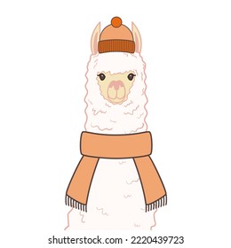 Cute alpaca in a winter hat and scarf. Alpaca portrait isolated on white background. Vector illustration