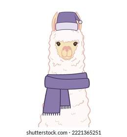 Cute alpaca in a winter hat and scarf. Alpaca portrait isolated on white background. Vector illustration