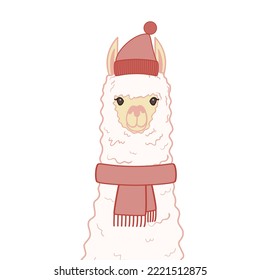 Cute alpaca in a winter hat and scarf. Alpaca portrait isolated on white background. Vector illustration