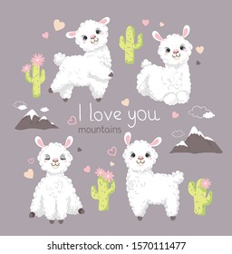 Cute alpacas, baby llamas, Lama set