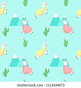 Cute alpacas with cactuses and mountains vector seamless pattern. Creative design for fabric, textile, wallpaper, wrapping paper.