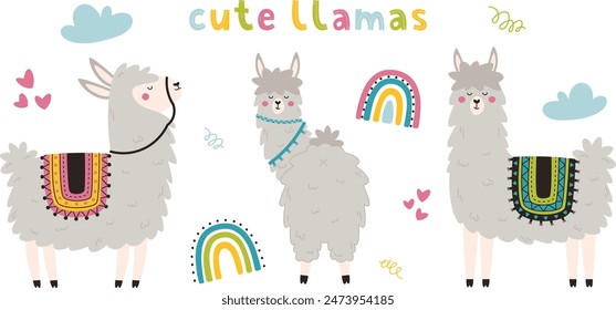 Lindas alpacas y coloridos Elementos gráficos. Una colección de llamas divertida para el diseño.