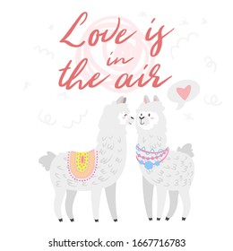 Cute alpacas couple flat illustration. Love is in the air ted hanwritten isolated lettering. Decorated lovely and adorable llamas. Valentine day greeting card, romantic inspirational poster design