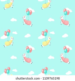 Cute alpacas flying on balloons vector seamless pattern. Creative design for fabric, textile, wallpaper, wrapping paper.