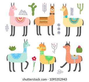 Cute alpacas, llama set. Isolated on white background. Vector illustration.