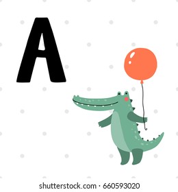 Cute alphabet with animals. Letter A for alligator