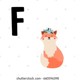 Cute alphabet with animals. Letter F for fox