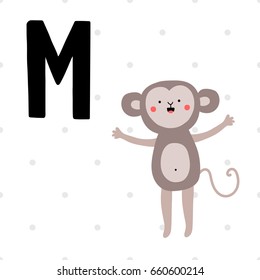 Cute alphabet with animals. Letter M for monkey