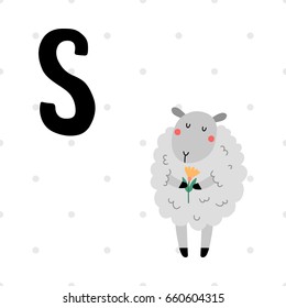 Cute alphabet with animals. Letter S for sheep