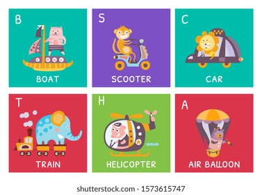 Cute Alphabet with Animals and Transport in Cartoon Style
