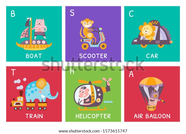 Cute\
Alphabet with Animals and Transport in Cartoon\
Style