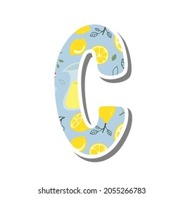 Cute alphabet 'C' with Lemonade Pattern on white silhouette and gray shadow. Lovely letter design for decoration. Vector Illustration about lettering.