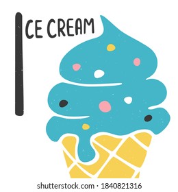 Cute alphabet card for play and education. Letter "I" is for Ice cream. Colored ice cream in the waffle cone with sprinkles. Handwritten text. Vector shabby hand drawn illustration