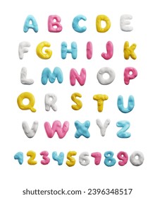 Cute alphabet, different letters in plasticine art, realistic 3D vector illustration isolated on white background. Cartoon items, funny objects for design. Decoration plasticine elements