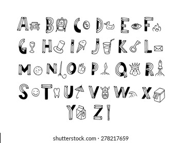 Cute alphabet with different object for each letter. Learn to read