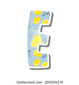Cute alphabet 'E' with Lemonade Pattern on white silhouette and gray shadow. Lovely letter design for decoration. Vector Illustration about lettering.