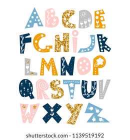 Cute alphabet with floral and gold glitter elements. Vector hand drawn illustration. 