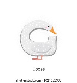 Cute alphabet with funny animals and objects in vector for children. Educational material for school and kindergarten. Baby font. With texture. Enjoy, play and learn. Goose - letter G.