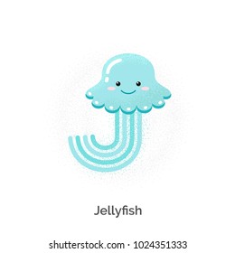 Cute alphabet with funny animals and objects in vector for children. Educational material for school and kindergarten. Baby font. With texture. Enjoy, play and learn. Jellyfish - letter J.
