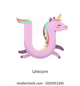 Cute alphabet with funny animals and objects in vector for children. Educational material for school and kindergarten. Baby font. With texture. Enjoy, play and learn. Unicorn - letter U.