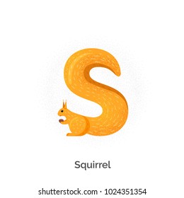 Cute alphabet with funny animals and objects in vector for children. Educational material for school and kindergarten. Baby font. With texture. Enjoy, play and learn. Squirrel - letter S.