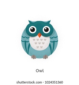 Cute alphabet with funny animals and objects in vector for children. Educational material for school and kindergarten. Baby font. With texture. Enjoy, play and learn. Owl - letter O.
