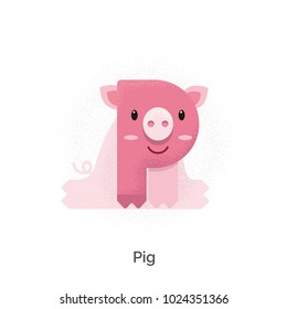 Cute alphabet with funny animals and objects in vector for children. Educational material for school and kindergarten. Baby font. With texture. Enjoy, play and learn. Pig - letter P.