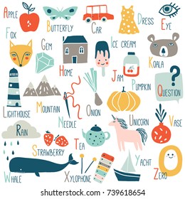 Cute alphabet with funny animals and objects for children. Learn to read. Hand drawn creative alphabet for kids.