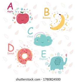 Cute alphabet with funny characters in vector, learn to read A, B, C, D, E letters. Isolated stickers for children's books