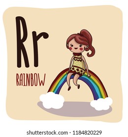 Cute alphabet with funny objects in vector for children.  Letter R is for Rainbow