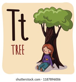 Cute alphabet with funny objects in vector for children.  Letter T is for Tree