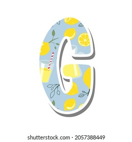 Cute alphabet 'G' with Lemonade Pattern on white silhouette and gray shadow. Lovely letter design for decoration. Vector Illustration about lettering.
