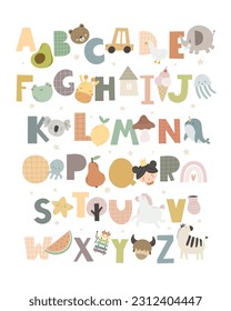 Cute alphabet. Hand drawing font for children. Flat isolated vector illustration. design for typographic posters, banners, cards