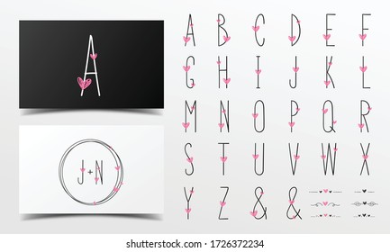 Cute Alphabet in handwritten style decorated with pink heart.