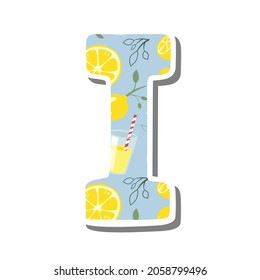 Cute alphabet 'I' with Lemonade Pattern on white silhouette and gray shadow. Lovely letter design for decoration. Vector Illustration about lettering.
