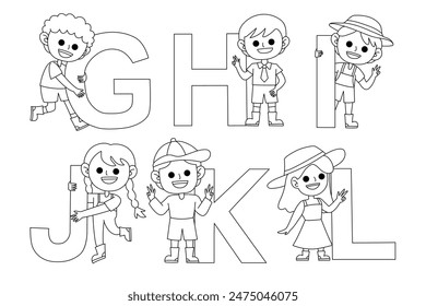Cute alphabet and kid outline G-L vector