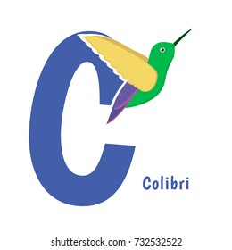 Cute Alphabet Letter with Birds. Colibri - C. Learn to read, education for children.
