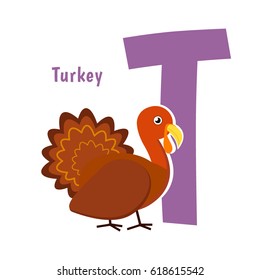 Cute Alphabet Letter with Birds. Turkey - T. Learn to read, education for children.