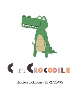 Cute alphabet letter C with cartoon crocodile. Nursery animal themed ABC card for teaching, reading. Vector illustration.